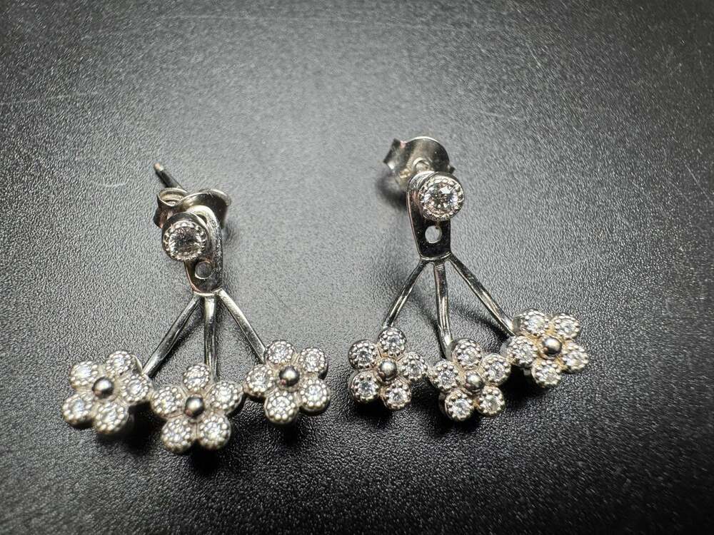 925 Sterling Silver Floral Ear Jacket Earrings Cubic Zirconia Flower Studs